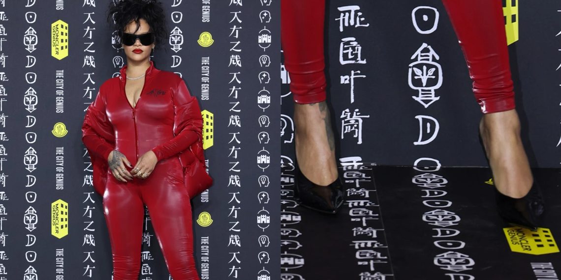 Rihanna Pairs Her A$AP Rocky-Designed Catsuit With Sharp Amina Muaddi Black Heels