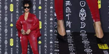 Rihanna Pairs Her A$AP Rocky-Designed Catsuit With Sharp Amina Muaddi Black Heels